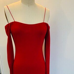 Alice +Olivia Fitted Red Long-Sleeved Off the Shoulder Midi Dress, Size 4